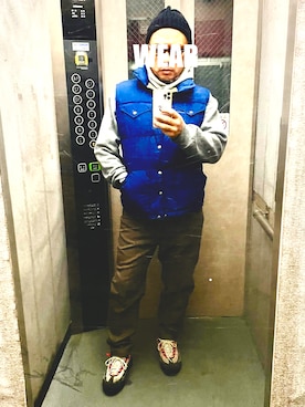 「ノースフェイス」｜「アイテム（ニットキャップ/ビーニー）」を使った、エレベーター兄貴さん（メンズ・165cm）の冬コーディネート