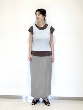 「A part by（アパートバイ）のレイヤードヘンリーネックプルオーバー（Tシャツ/カットソー、ブラウン系）」を使った、sakiさん（レディース・162cm）の夏コーディネート