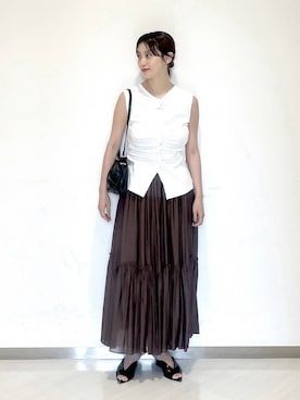 「A part by（アパートバイ）のキンチャクミニショルダバッグ（ショルダーバッグ、ブラック系）」を使った、sakiさん（レディース・162cm）の夏コーディネート