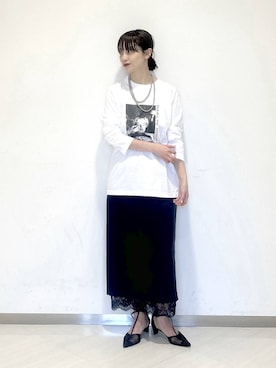 「A part by（アパートバイ）のLNTレースツキストレートスカート（スカート、ブルー系）」を使った、sakiさん（レディース・162cm）の春コーディネート