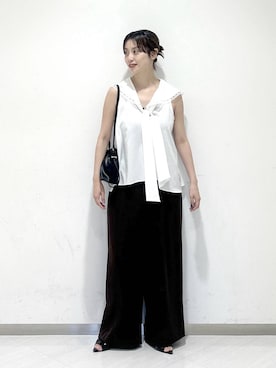 「A part by（アパートバイ）のキンチャクミニショルダバッグ（ショルダーバッグ、ブラック系）」を使った、sakiさん（レディース・162cm）の夏コーディネート