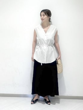 「A part by（アパートバイ）のキュプラナロースカート（スカート、ブラック系）」を使った、sakiさん（レディース・162cm）の夏コーディネート