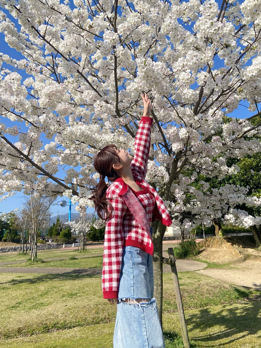 レッド系のトップス、ブルー系のデニムパンツを着用したレディースの春コーディネートの1枚目の写真