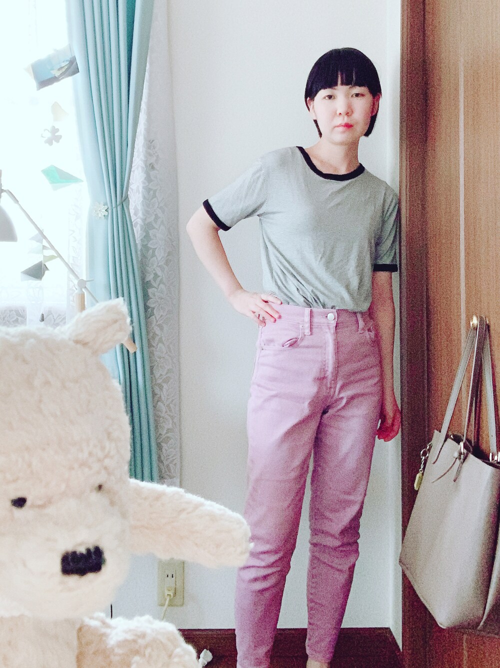 「ピンク色、ボーダー、ぷーさん」｜「VISのアイテム（デニムパンツ、ピンク系）」を使った、Ⓜ︎🐿️ena.さん（レディース・157cm）の秋コーディネートの1枚目の写真