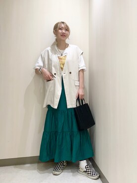 「ティアードスカート」｜「アイテム（スリッポン）」を使った、おかゆ❤︎彡さん（レディース・158cm）の夏コーディネート