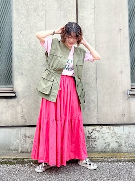 「ミリタリーコーデ」｜「アイテム（スリッポン）」を使った、おかゆ❤︎彡さん（レディース・158cm）の夏コーディネート