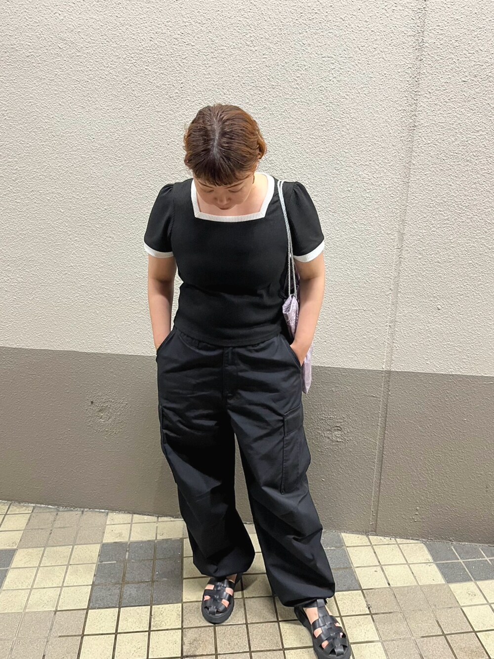 「GUのアイテム（サンダル、ブラック系）」を使った、YAMAMIさん（レディース・159cm）の夏コーディネートの1枚目の写真