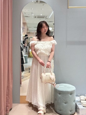 「one after another NICE CLAUP(ワンアフターアナザーナイスクラップ)のエンジェルフリルロングワンピース(ワンピース、ホワイト系)」を使った、小川こゆきさん(レディース・152cm)の夏コーディネート