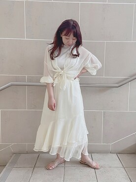 「one after another NICE CLAUP（ワンアフターアナザーナイスクラップ）のオーロラシアーシャツ＋タンクトップセット（シャツ/ブラウス、ホワイト系）」を使った、小川こゆきさん（レディース・152cm）の夏コーディネート