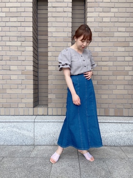 「one after another NICE CLAUP（ワンアフターアナザーナイスクラップ）のキャンディースリーブチェックブラウス（セットアップスカートあり）（シャツ/ブラウス、ブラウン系）」を使った、小川こゆきさん（レディース・152cm）の夏コーディネート