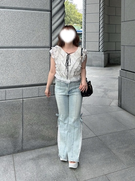 「one after another NICE CLAUP(ワンアフターアナザーナイスクラップ)のホルターネックフリルブラウス(シャツ/ブラウス、ホワイト系)」を使った、小川こゆきさん(レディース・152cm)の夏コーディネート