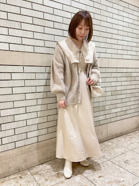 「one after another NICE CLAUP（ワンアフターアナザーナイスクラップ）のフェザービッグシルエットカーディガン（カーディガン/ボレロ、ベージュ系）」を使った、小川こゆきさん（レディース・152cm）の秋コーディネート