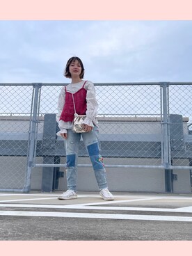 「古着のアイテム（デニムパンツ、ブルー系）」を使った、Shihoさん（レディース・153cm）の冬コーディネート