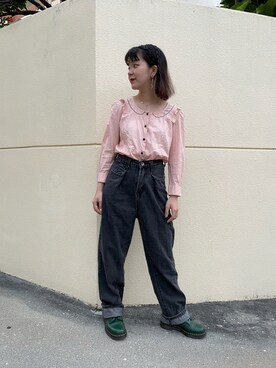 「古着のアイテム（トップス、ピンク系）」を使った、Shihoさん（レディース・153cm）の夏コーディネート