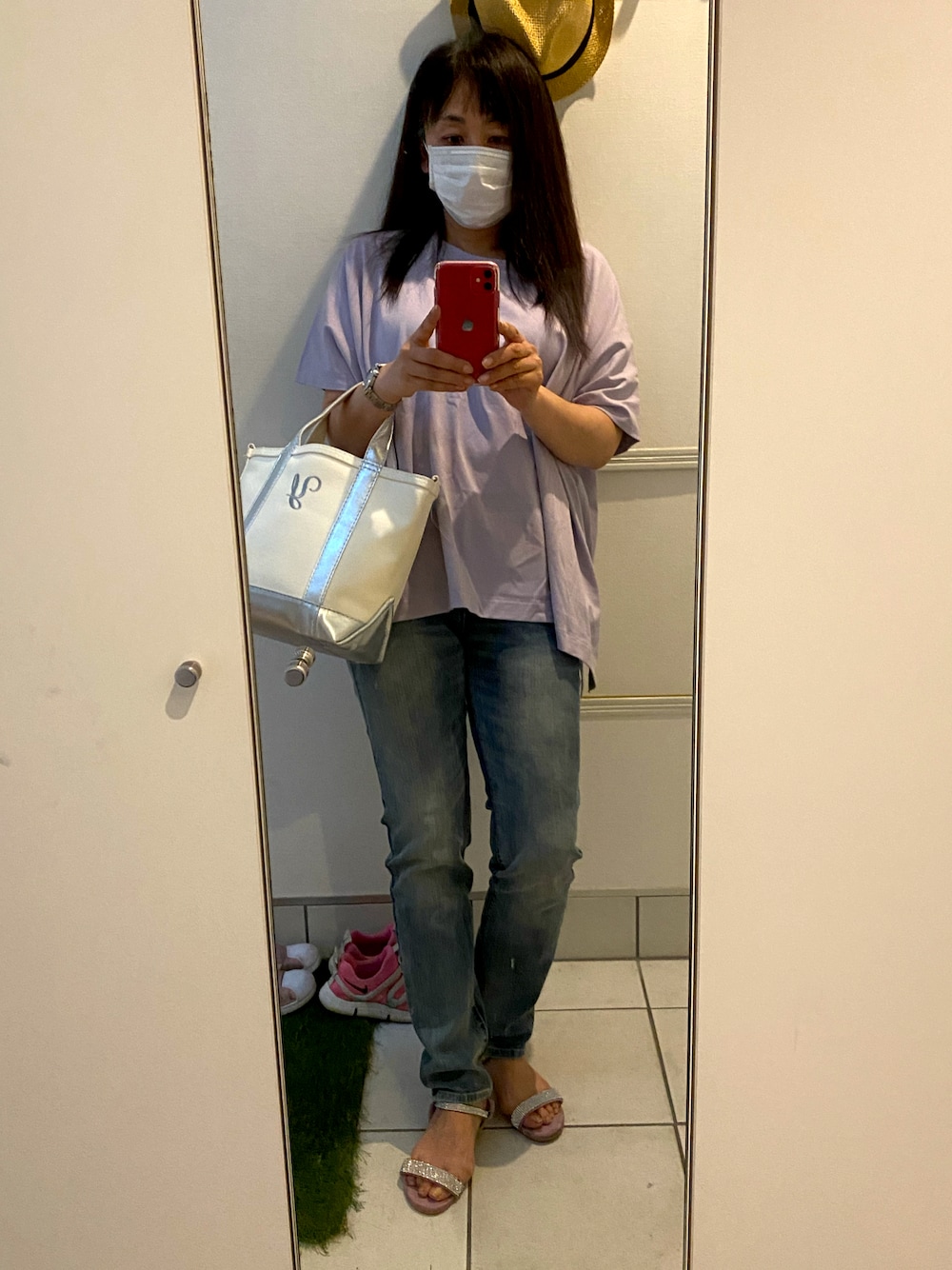 「シンプルコーデ、ママコーデ、ママファッション、アラフィフ、アラフィフコーデ、これから美容室」｜「しまむらのアイテム（デニムパンツ、ブルー系）」を使った、うりんこ。さん（レディース・159cm）の夏コーディネートの1枚目の写真