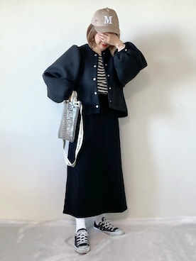 「r.（アールドット）のアイテム（ノーカラージャケット）」を使った、memeさん（レディース・158cm）の秋コーディネート