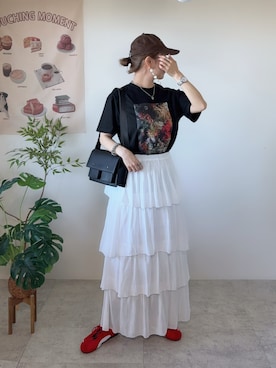 「florist（フローリスト）の【ユニセックス・2WAY】レザーライクダブルポケットショルダーバッグ（ショルダーバッグ、ブラック系）」を使った、memeさん（レディース・158cm）の春コーディネート