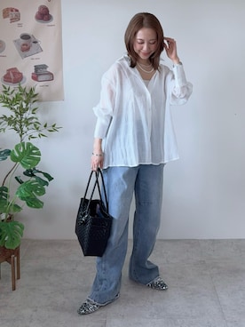 「aquagarage（アクアガレージ）のアイテム（デニムパンツ、ブルー系）」を使った、memeさん（レディース・158cm）の冬コーディネート