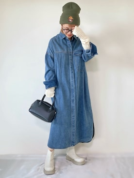 「ニットキャップ」｜「アイテム（シャツワンピース）」を使った、memeさん（レディース・158cm）の冬コーディネート