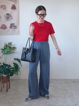 「GU（ジーユー）のアイテム（トップス、レッド系）」を使った、memeさん（レディース・158cm）の秋コーディネート