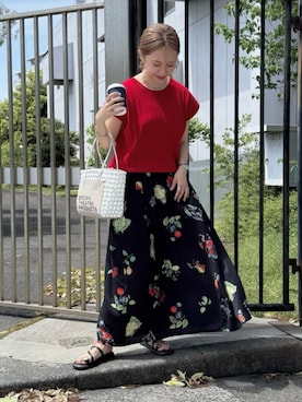「GeeRA（ジーラ）のプリーツ編フレンチスリーブリブニットトップス（ニット/セーター、レッド系）」を使った、memeさん（レディース・158cm）の春コーディネート