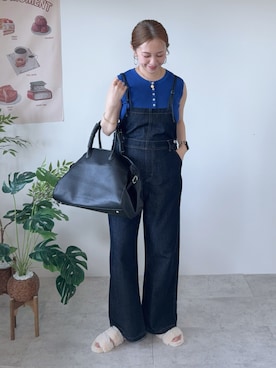 「FREAK'S STORE（フリークスストア）の限定展開　クールタッチ ヘンリーネック ノースリーブ ニット トップス（ニット/セーター、ブルー系）」を使った、memeさん（レディース・158cm）の春コーディネート