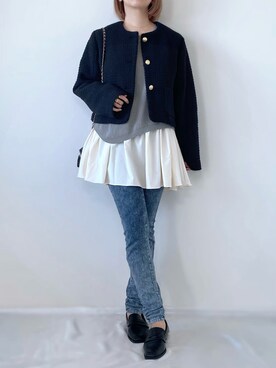 「秋冬」｜「アイテム（ノーカラージャケット）」を使った、memeさん（レディース・158cm）の秋コーディネート
