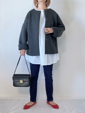 「libelle more（リベル モア）のアイテム（ノーカラージャケット）」を使った、memeさん（レディース・158cm）の秋コーディネート
