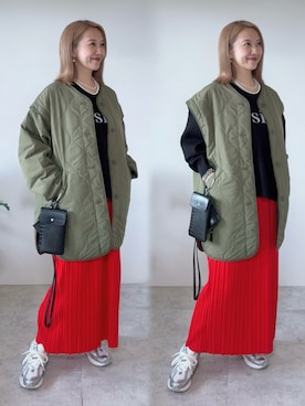 「アイテム（ノーカラージャケット）」を使った、memeさん（レディース・158cm）の秋コーディネート