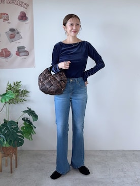 「FREAK'S STORE（フリークスストア）のシアーベロア ボートネックロンT/シアーロンT（Tシャツ/カットソー、ブルー系）」を使った、memeさん（レディース・158cm）の夏コーディネート