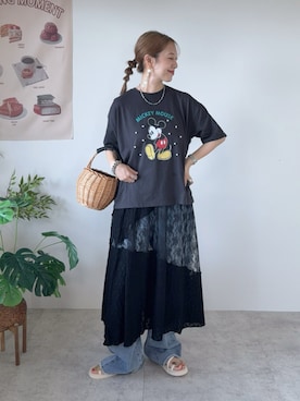 「pocket（ポケット）のレース切替レイヤードスカート（スカート、ブラック系）」を使った、memeさん（レディース・158cm）の夏コーディネート