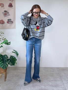 「FREAK'S STORE（フリークスストア）のSOMETHING × FREAK'S STORE/サムシング 別注 MID FLARE DENIM/別注ミッド フレアデニム（デニムパンツ、ブルー系）」を使った、memeさん（レディース・158cm）の秋コーディネート