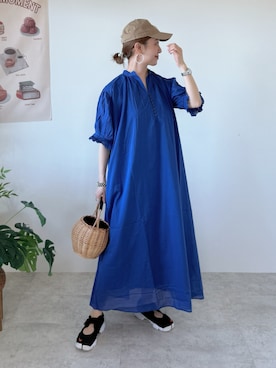 「bohmal（ボマール）の【高身長サイズ有】インド綿スキッパーロングワンピース（ワンピース、ブルー系）」を使った、memeさん（レディース・158cm）の春コーディネート