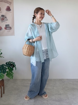 「pocket（ポケット）の裾レースドッキングノースリプルオーバー（Tシャツ/カットソー、ホワイト系）」を使った、memeさん（レディース・158cm）の春コーディネート