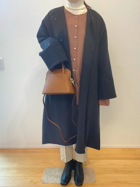 「andme（アンドミー）の【13色展開】きれいめツイル美脚ドローストリングテーパードパンツ（スラックス）」を使った、denさん（レディース・154cm）の冬コーディネート