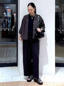「GLOBAL WORK（グローバルワーク）のフレンチリネンワイドパンツ/600996（その他パンツ、ブラック系）」を使った、がままきさん（レディース・167cm）の夏コーディネート