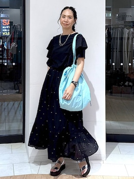 「GLOBAL WORK（グローバルワーク）のmeets India/ティアード刺繍スカート/625306（スカート、ブラック系）」を使った、がままきさん（レディース・167cm）の夏コーディネート