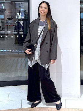 「LOWRYS FARM（ローリーズファーム）のホップサックダブルジャケット 602803（その他アウター、グレー系）」を使った、がままきさん（レディース・167cm）の春コーディネート