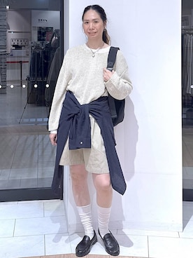 「GLOBAL WORK（グローバルワーク）のフレンチリネンシャツ長袖/601244（シャツ/ブラウス、ブルー系）」を使った、がままきさん（レディース・167cm）の春コーディネート