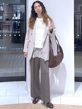 「GLOBAL WORK（グローバルワーク）のスッキリイージーパンツ/600988（その他パンツ、ブラウン系）」を使った、がままきさん（レディース・167cm）の春コーディネート