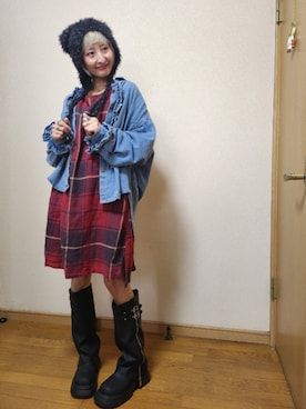 「赤チェック」｜「アイテム（帽子）」を使った、love blue さん（レディース・158cm）の秋コーディネート