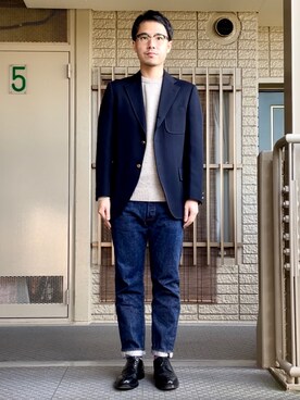 ニット セーター ベージュ系 を使った 紺ブレ のメンズ人気ファッションコーディネート Wear