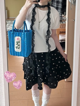 「SOLLON.（ソルロン）のドットフリルティアードミディスカート（スカート、ブラック系）」を使った、haryo98さん（レディース・158cm）の夏コーディネート