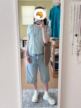 「Per sist ence（パーシエンス）の雑材フラワーデザインフラットトート（トートバッグ、ベージュ系）」を使った、haryo98さん（レディース・158cm）の夏コーディネート