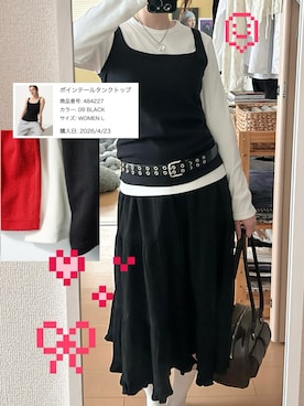 「SHAGGIE（シャギー）のティアードコットン風ロングスカート（スカート、ブラック系）」を使った、haryo98さん（レディース・158cm）の春コーディネート