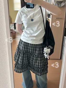 「Aelina（エリナ）のチェック柄ショートスカート（スカート、ブラック系）」を使った、haryo98さん（レディース・158cm）の夏コーディネート