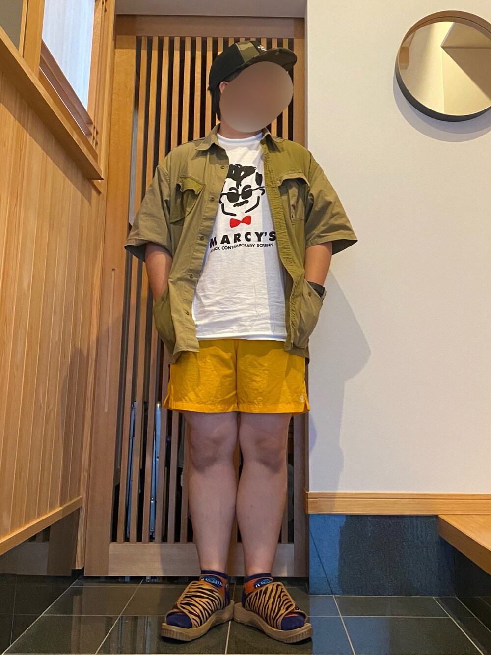 「休日スタイル、夏コーデ、マーシー、ノースフェイス、ショートパンツ、サンダル、低身長」｜「THE NORTH FACEのアイテム（キャップ、グリーン系）」を使った、すだちさん（メンズ・165cm）の夏コーディネートの1枚目の写真