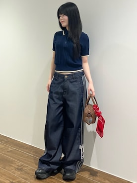 「adidas（アディダス）のケーブル ニット カリ Tシャツポロ / アディダスオリジナルス adidas Originals（ポロシャツ、ブルー系）」を使った、msさん（レディース・160cm）の秋コーディネート