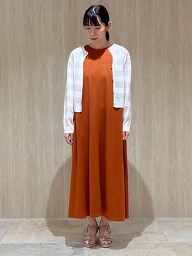 「grove（グローブ）のシアーボーダーカーディガン（カーディガン/ボレロ、ホワイト系）」を使った、しのさん（レディース・163cm）の夏コーディネート