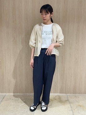 「grove（グローブ）の【UVカット/接触冷感】プリントアソート5分袖Tシャツ（Tシャツ/カットソー、ホワイト系）」を使った、しのさん（レディース・163cm）の春コーディネート